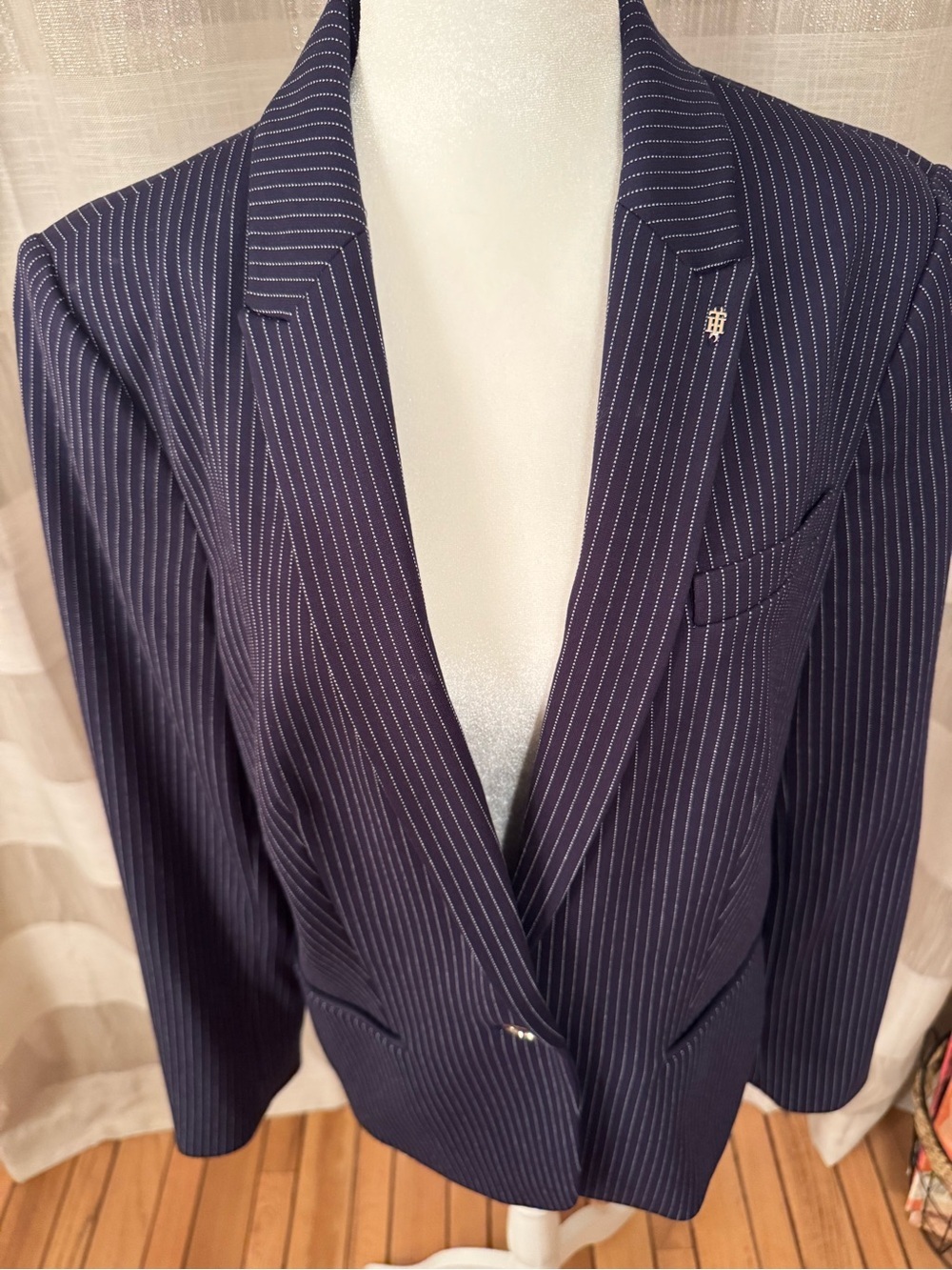 Tommy Hilfiger Navy Pinstripe Blazer with Elbow Patches - Picture 3 of 12